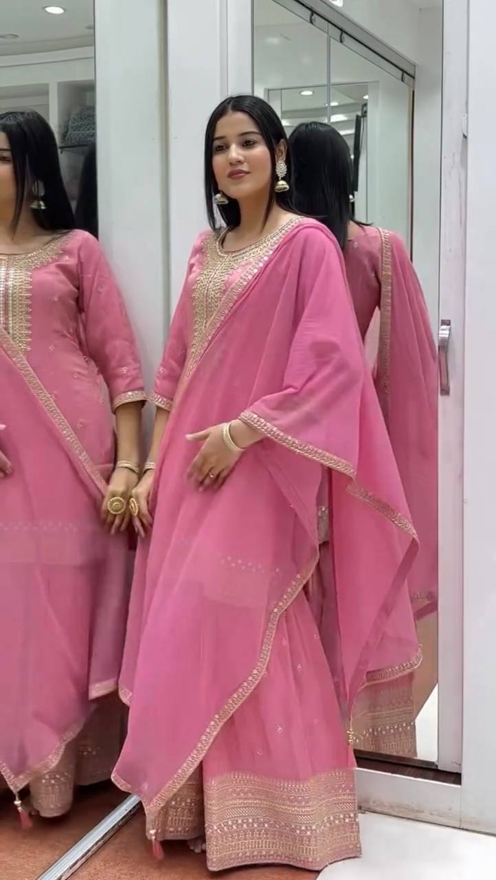 Pattern Wedding & Party Wear  Sequence Work Pink Color Sharara Suit