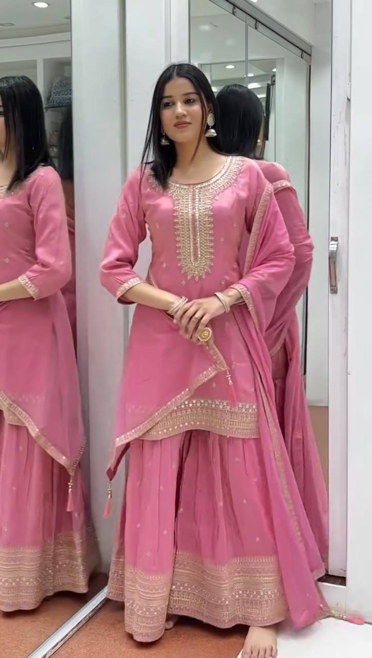 Pattern Wedding & Party Wear  Sequence Work Pink Color Sharara Suit