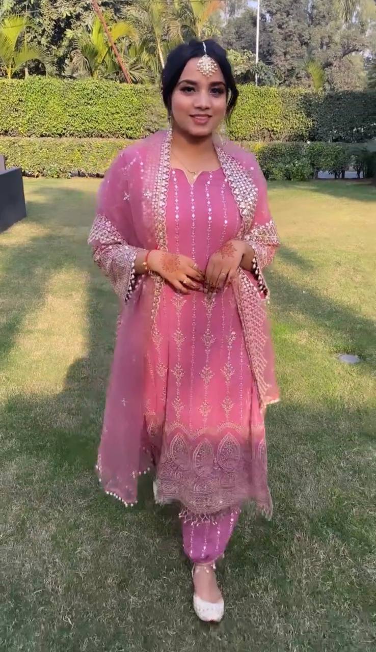 Graceful Georgeet Pink Color Palazzo Suit