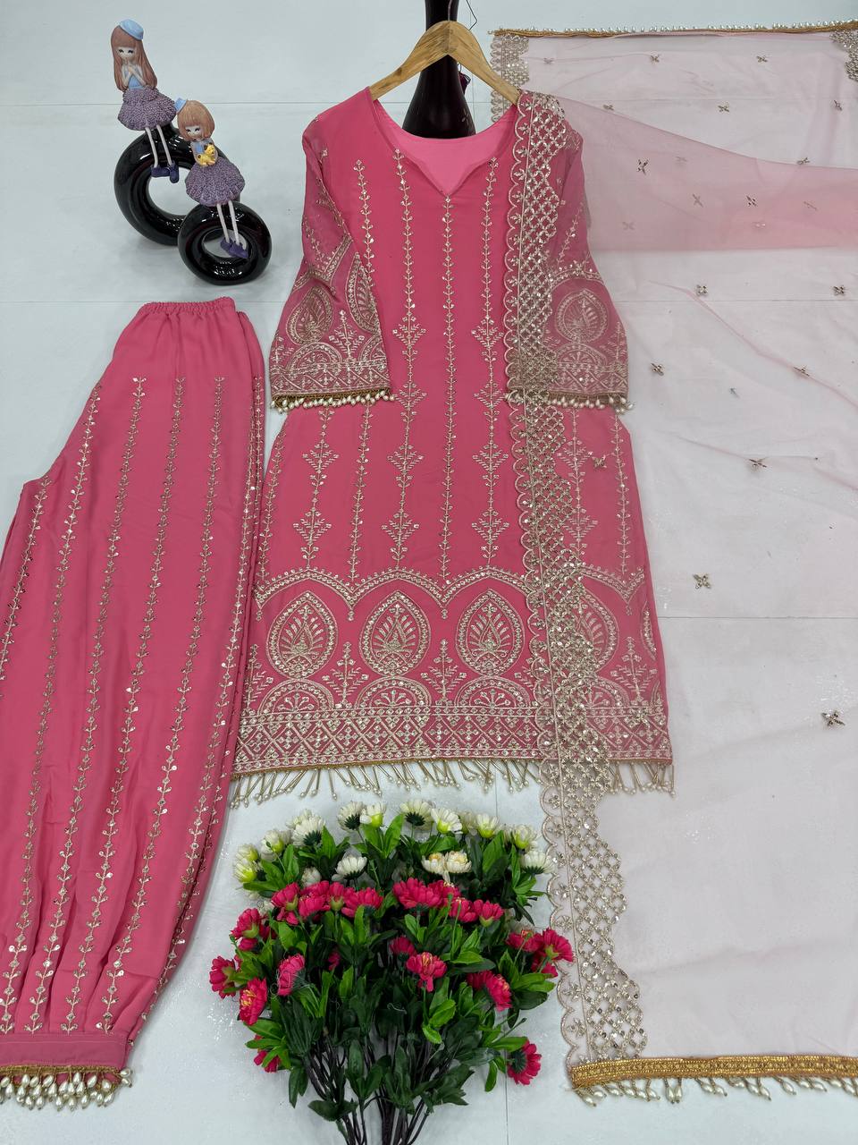 Graceful Georgeet Pink Color Palazzo Suit