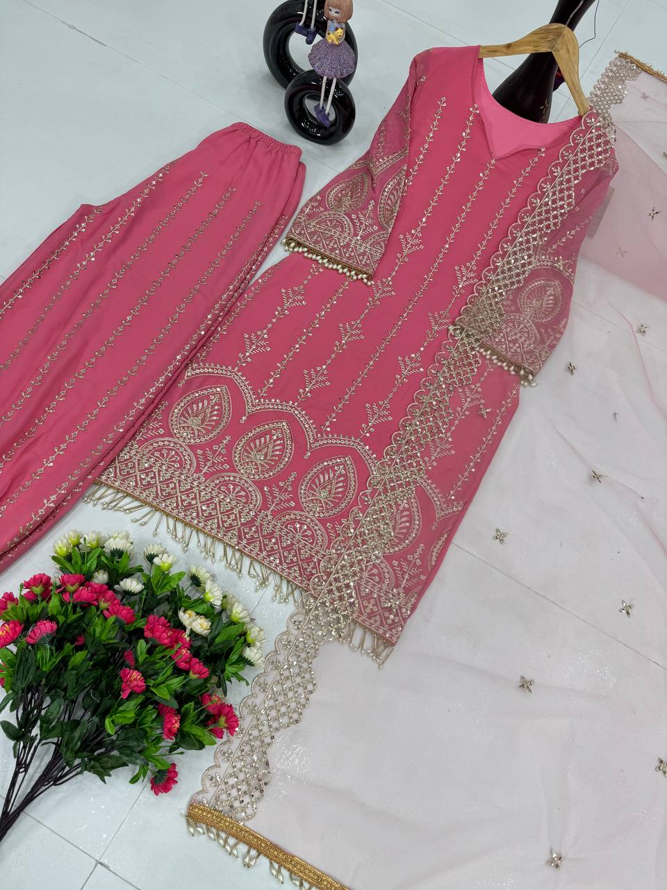 Graceful Georgeet Pink Color Palazzo Suit