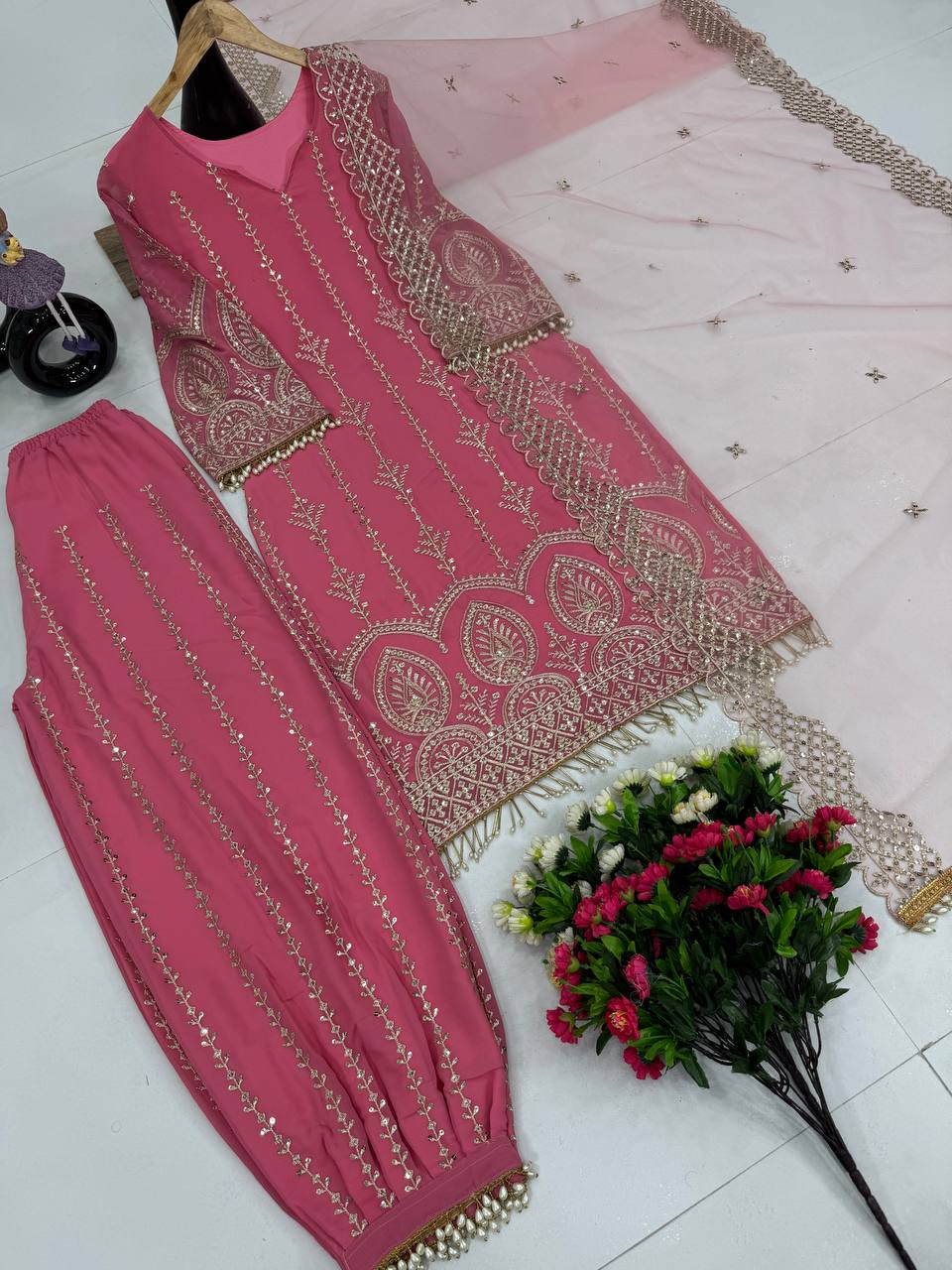 Graceful Georgeet Pink Color Palazzo Suit