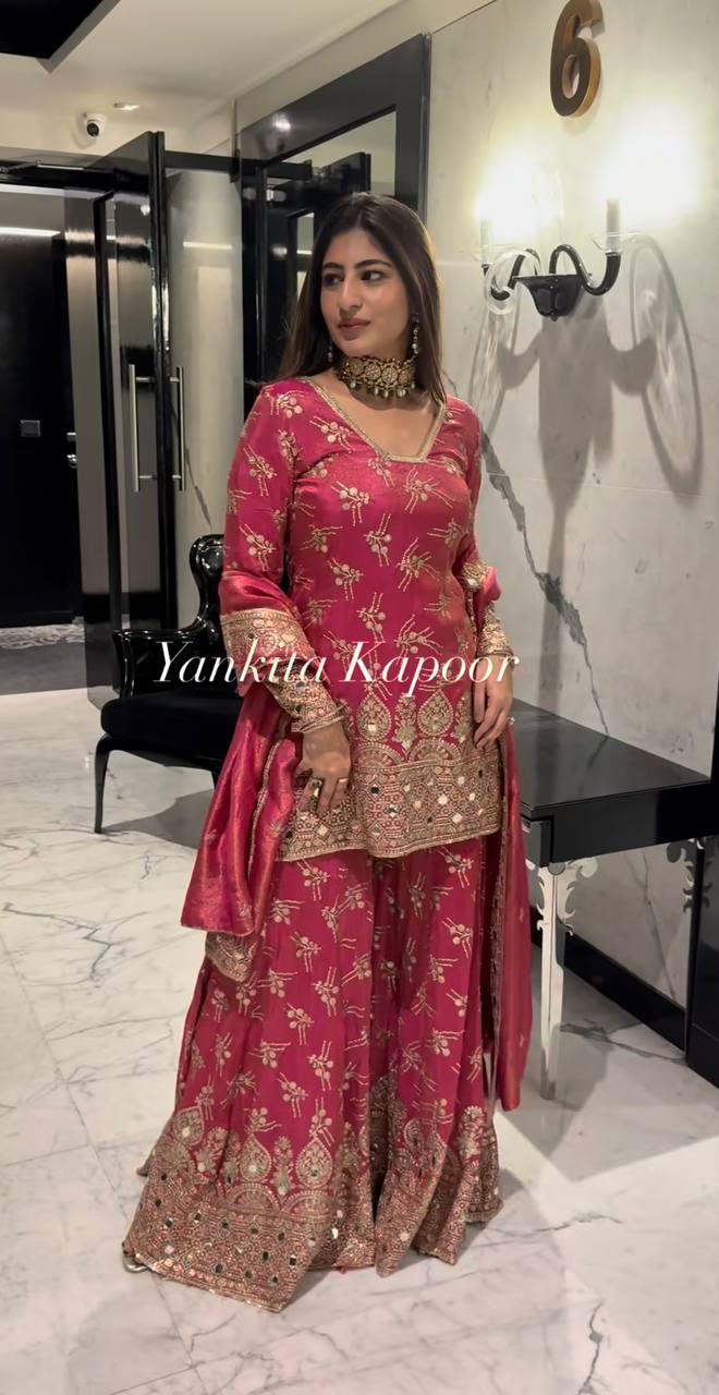 Red Sharara style Suit Pure Viscose Russian Silk Jacquard