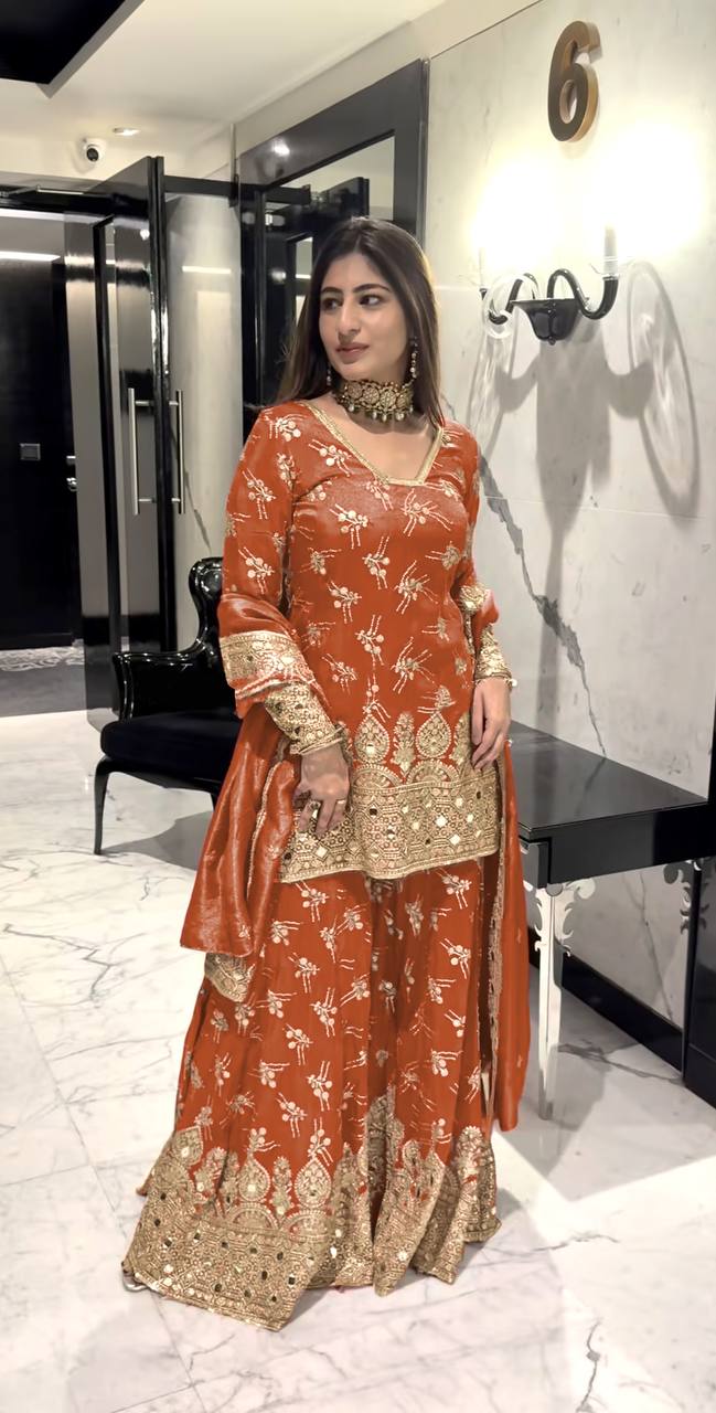 Designer Sequence Work Orange Color Sharara Suit