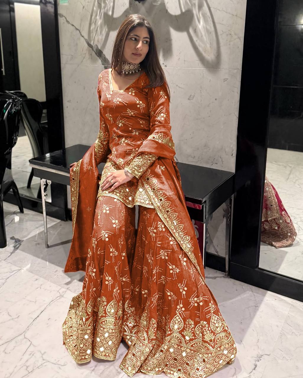 Designer Sequence Work Orange Color Sharara Suit