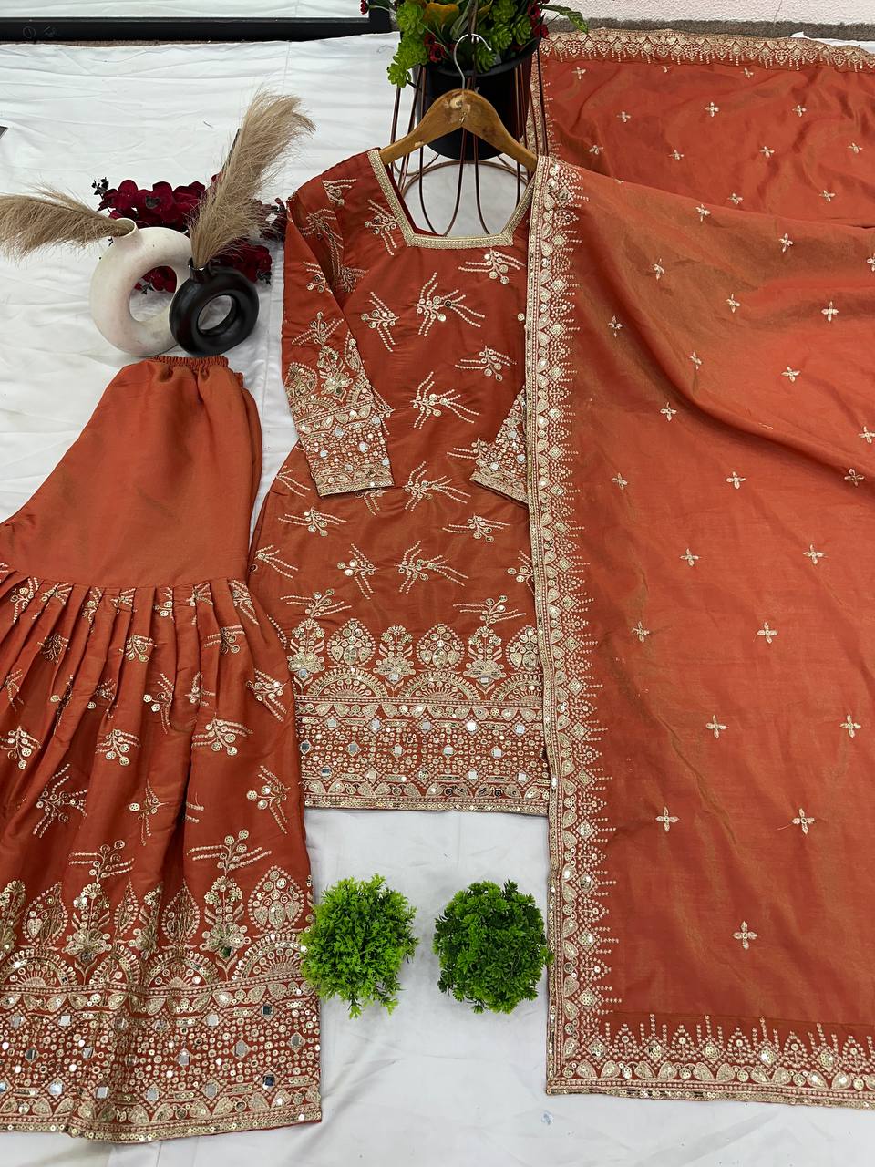Designer Sequence Work Orange Color Sharara Suit