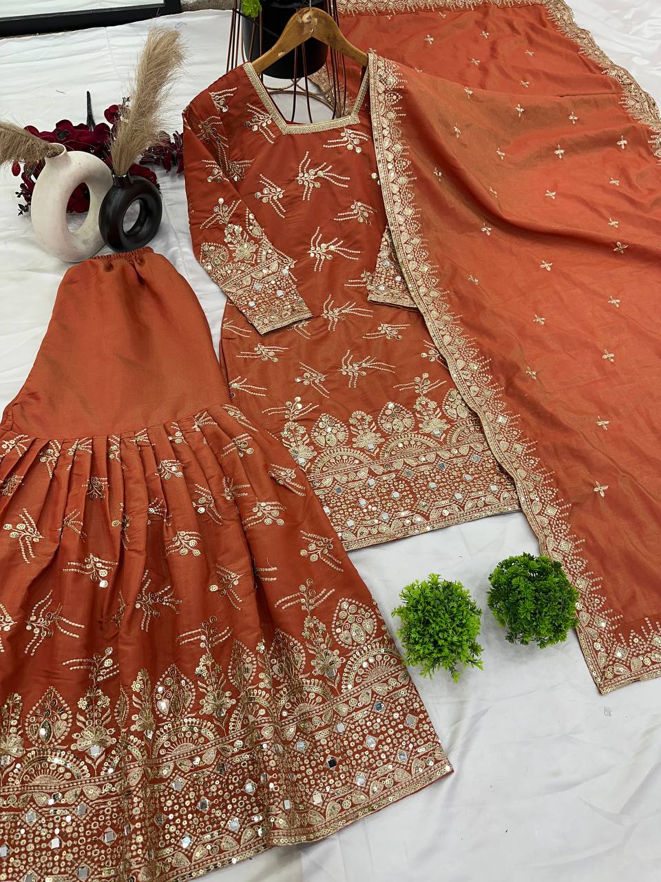 Designer Sequence Work Orange Color Sharara Suit