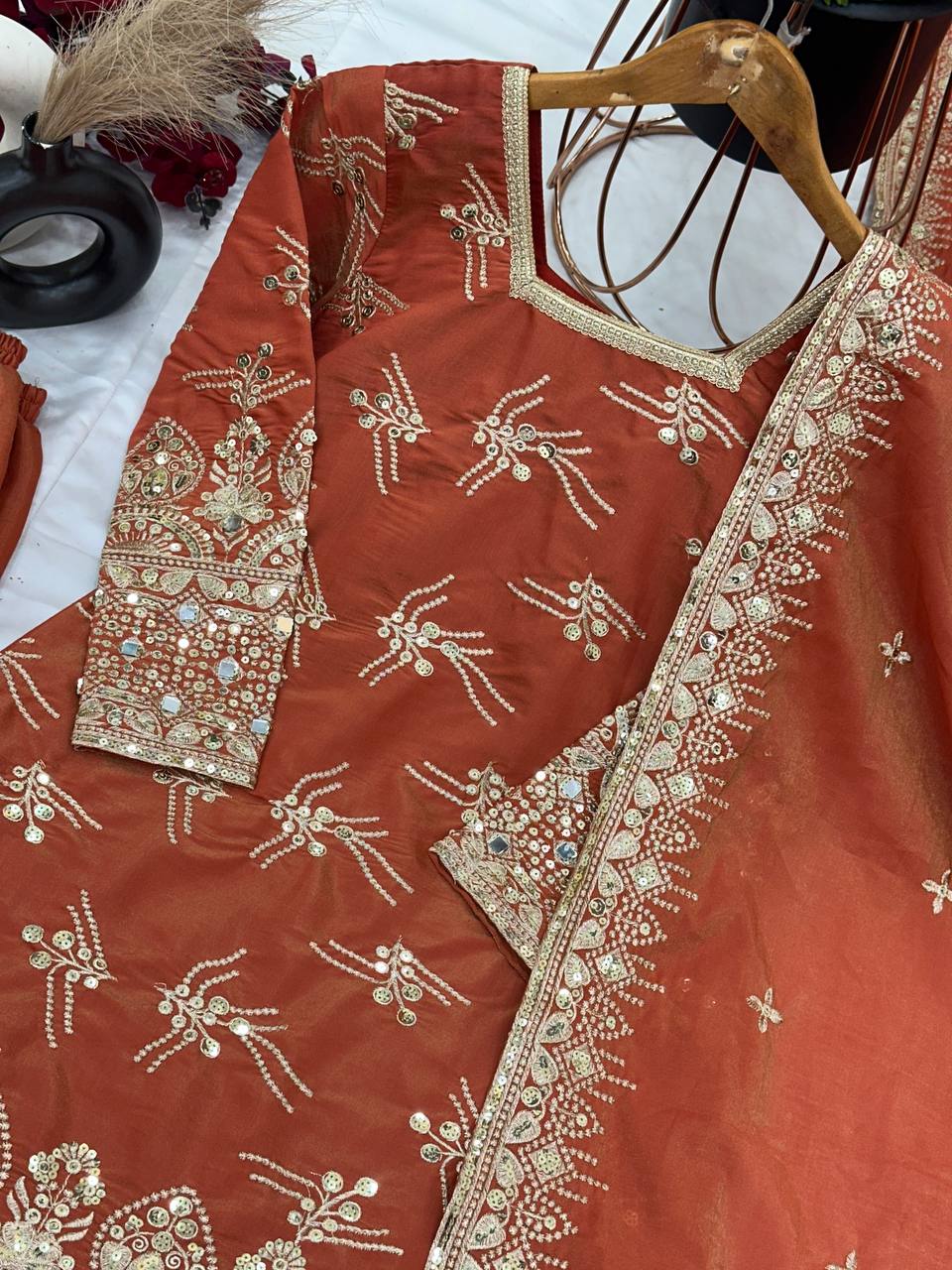 Designer Sequence Work Orange Color Sharara Suit