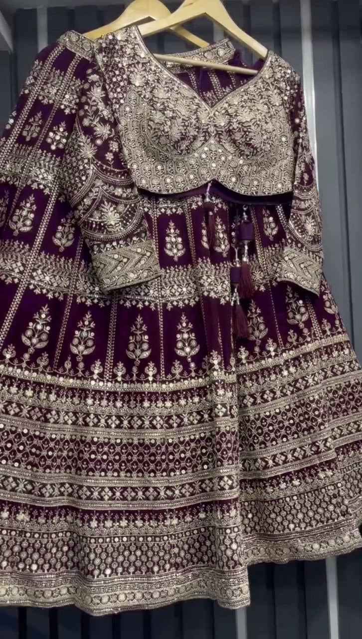 Fabulous Gorgette Wine Color Sequnce Work Lehenga Choli