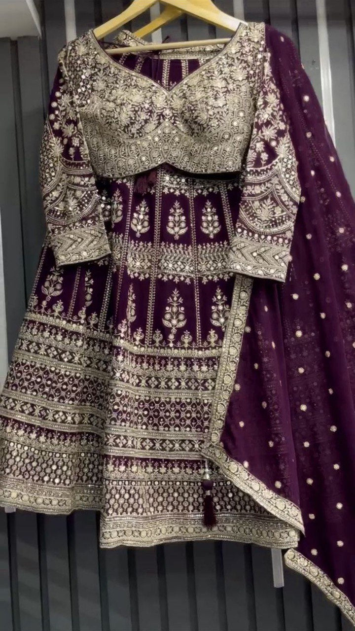 Fabulous Gorgette Wine Color Sequnce Work Lehenga Choli