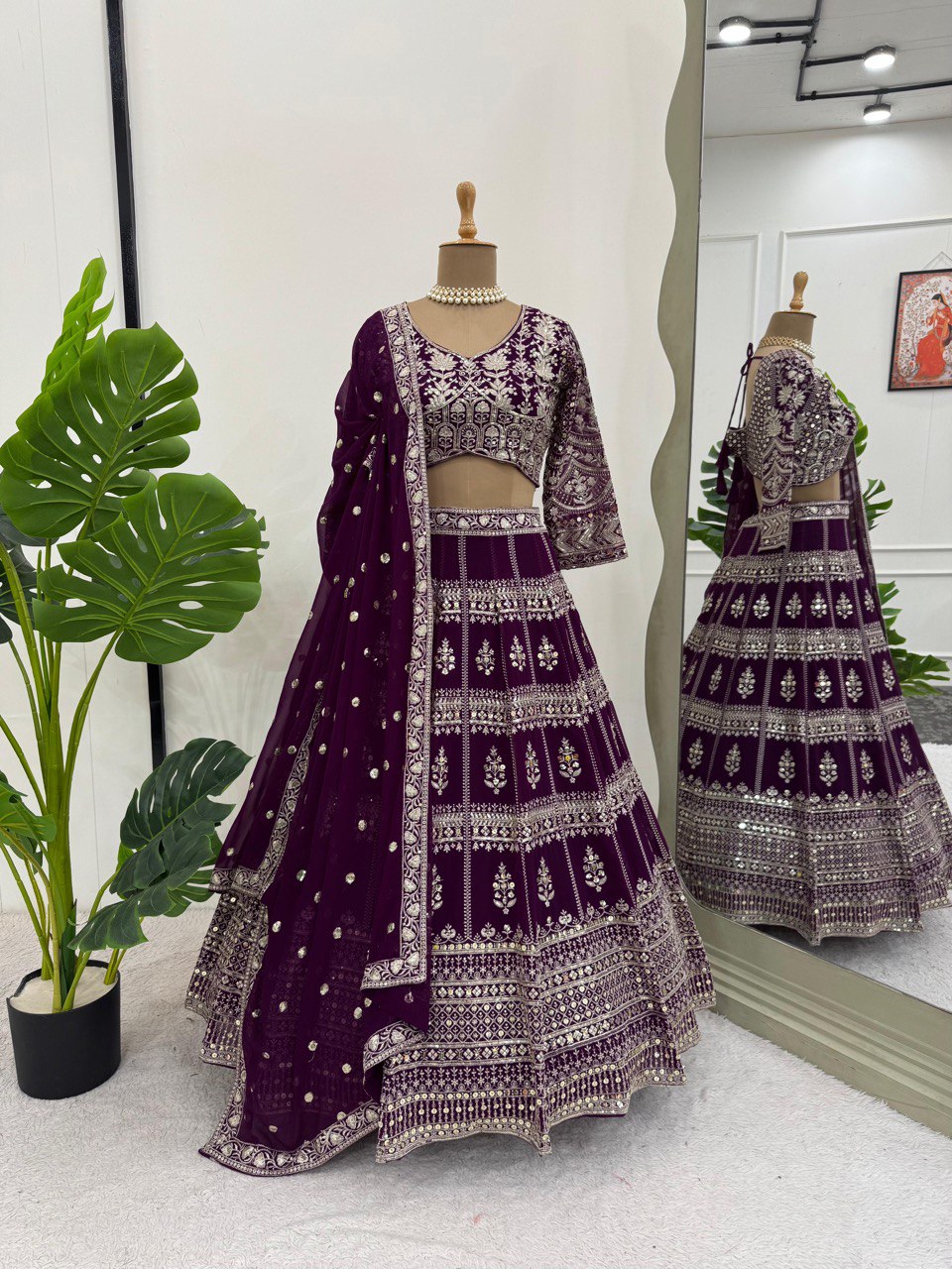 Fabulous Gorgette Wine Color Sequnce Work Lehenga Choli