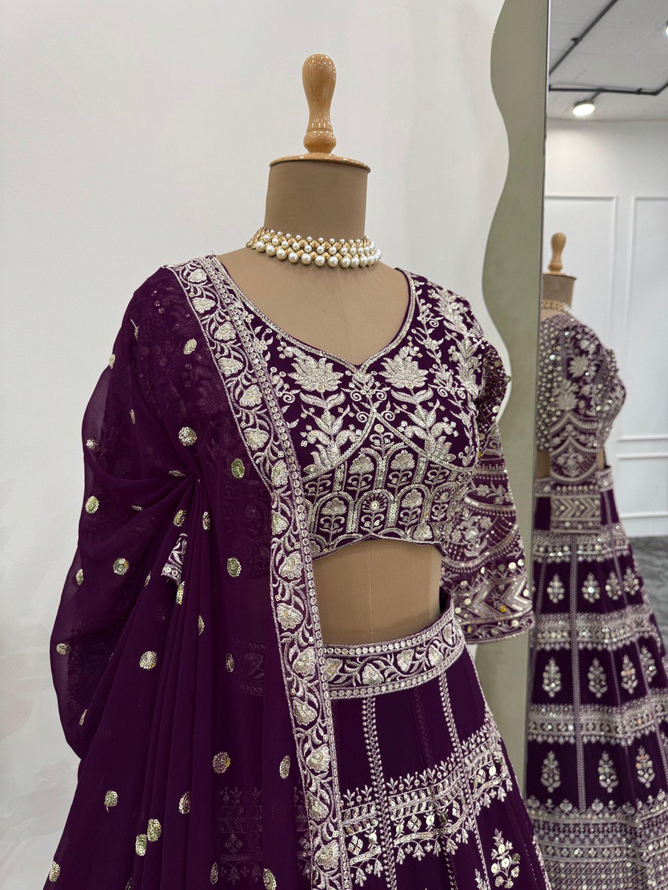 Fabulous Gorgette Wine Color Sequnce Work Lehenga Choli