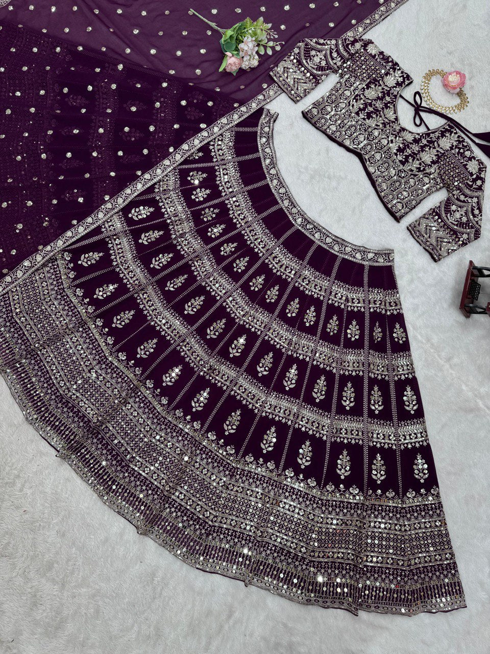 Fabulous Gorgette Wine Color Sequnce Work Lehenga Choli