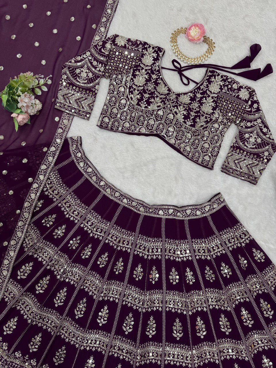 Fabulous Gorgette Wine Color Sequnce Work Lehenga Choli