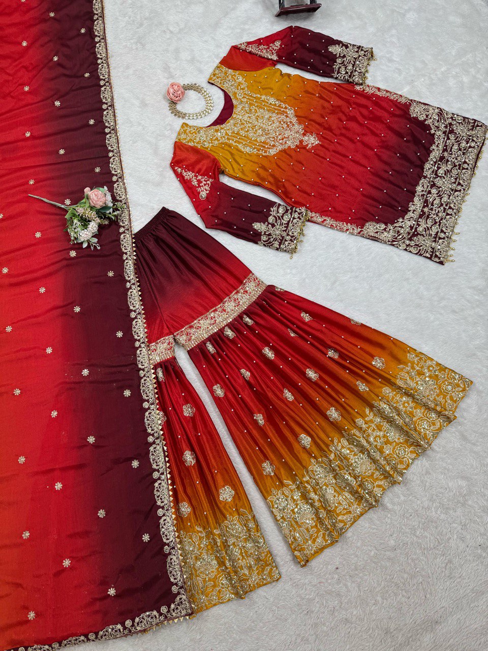 Glimmering Chinon Silk Double Shade Red Multi Color Sharara Suit