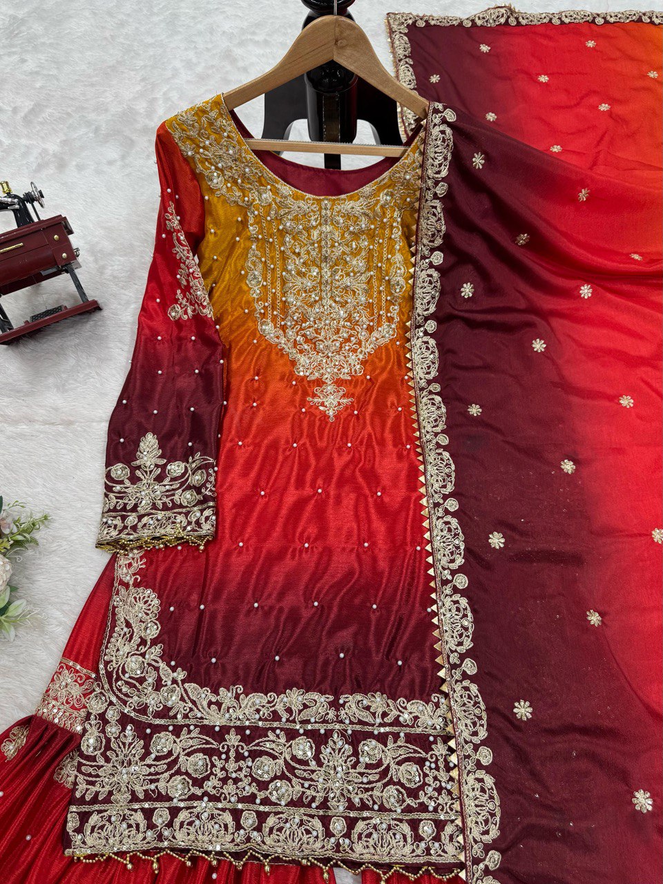 Glimmering Chinon Silk Double Shade Red Multi Color Sharara Suit