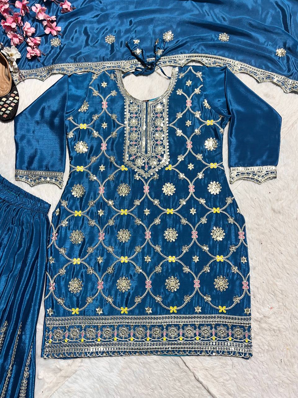 Glossy Chinnon Silk Teal Blue Color Sharara Suit