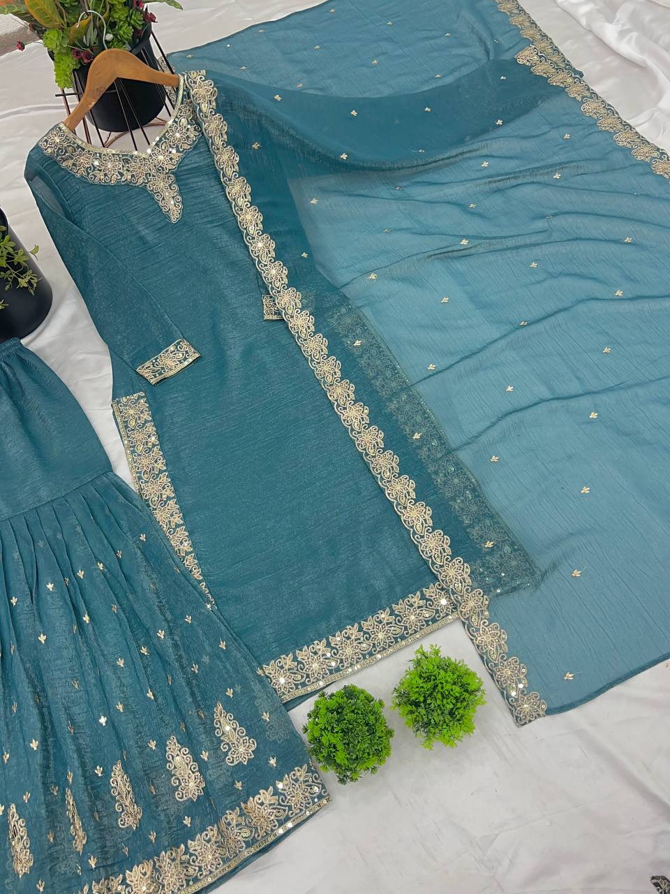 Captivating Crunchy Silk Teal Blue Color Sharara Suit