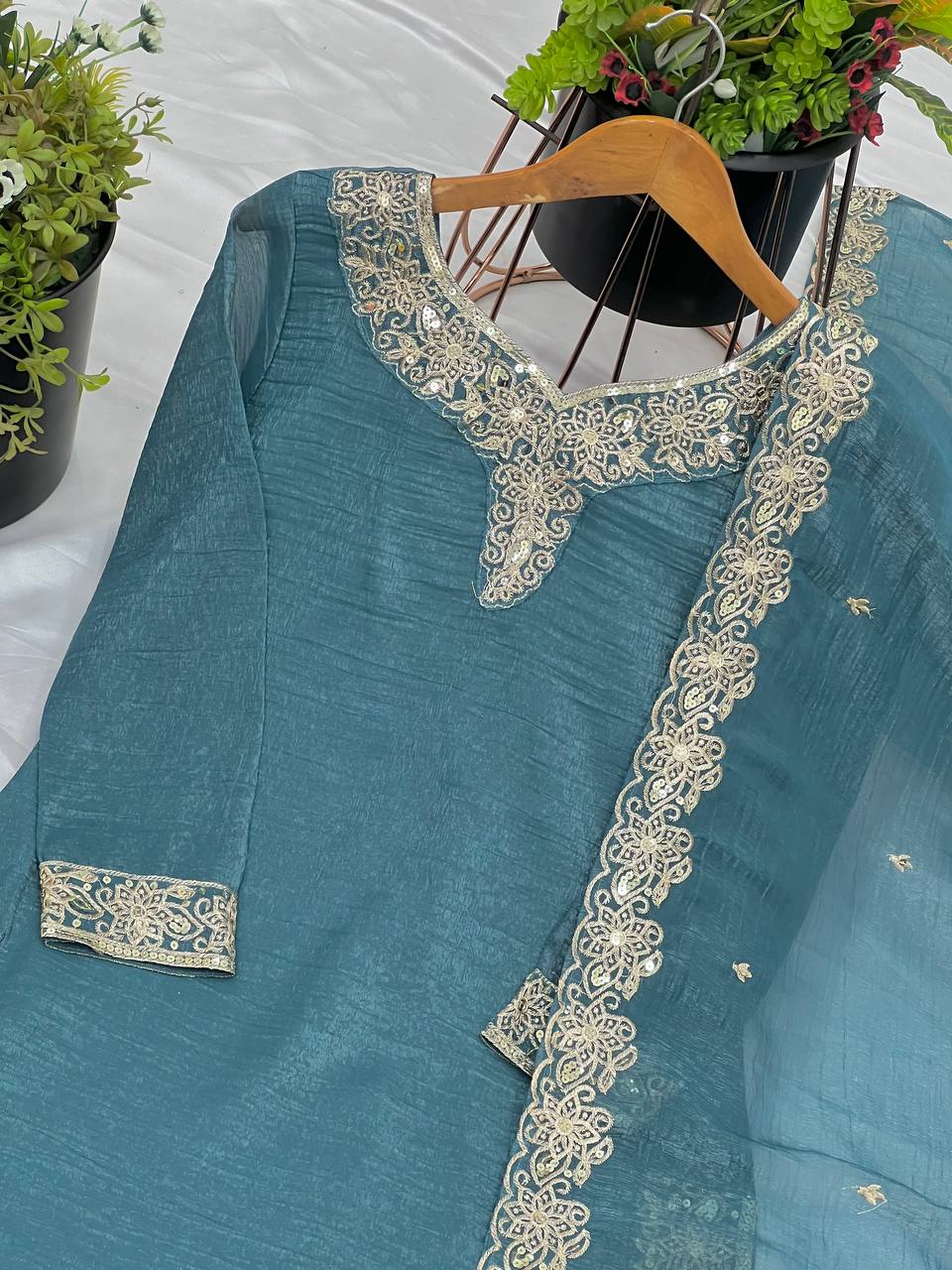Captivating Crunchy Silk Teal Blue Color Sharara Suit