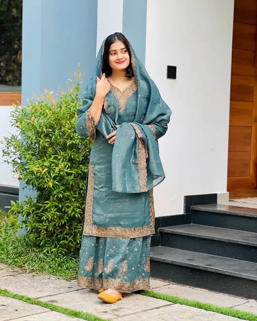 Captivating Crunchy Silk Teal Blue Color Sharara Suit