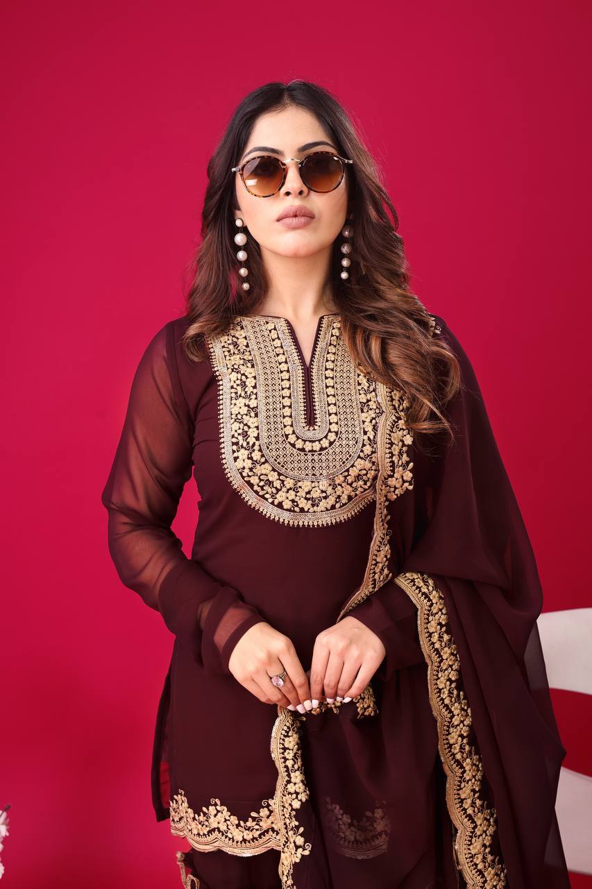 Traditional wear Embroidery Work Purple Color Sharara Suit