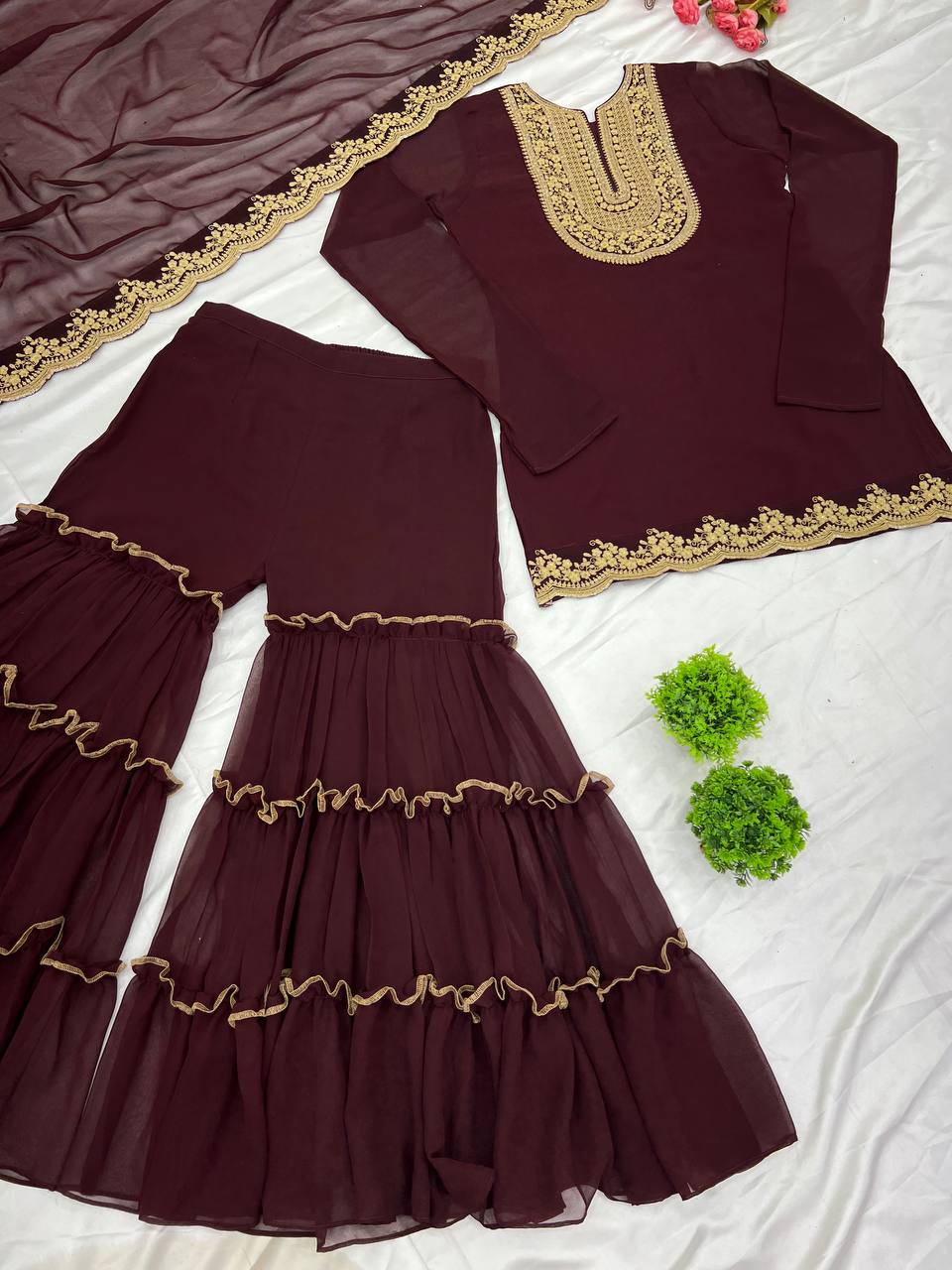 Traditional wear Embroidery Work Purple Color Sharara Suit