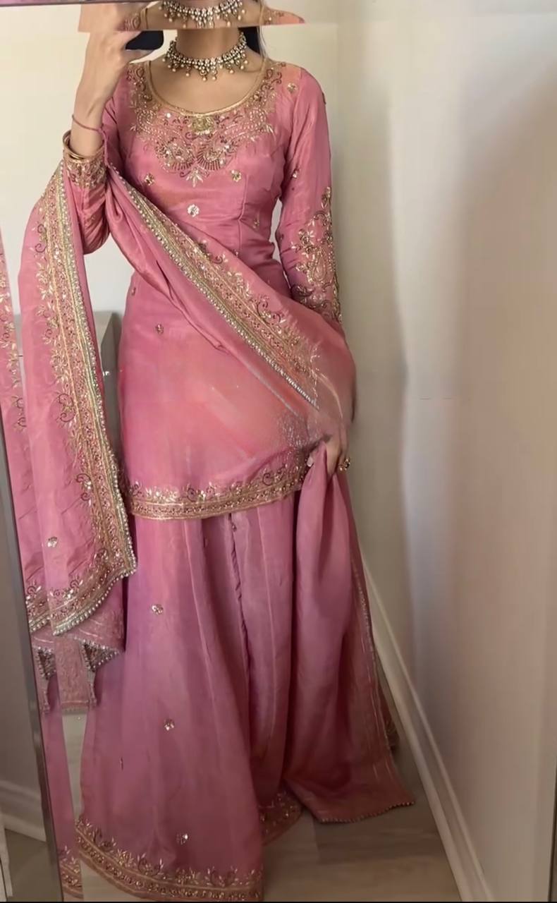 Shining  Heavy Work Pink Color Sharara Suit