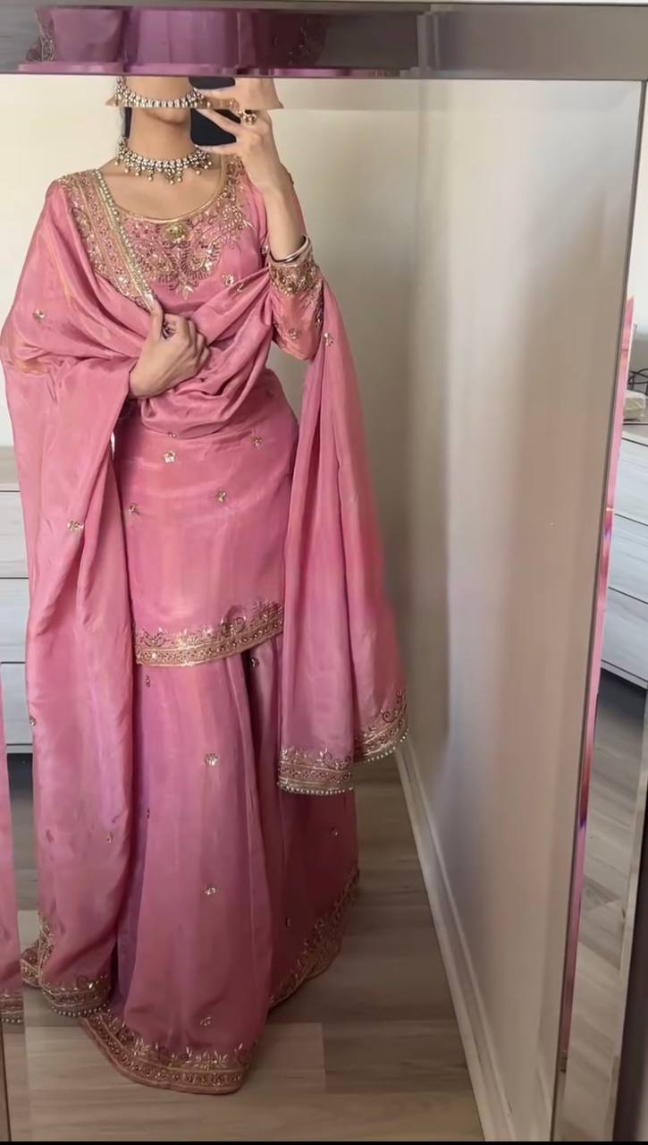 Shining  Heavy Work Pink Color Sharara Suit