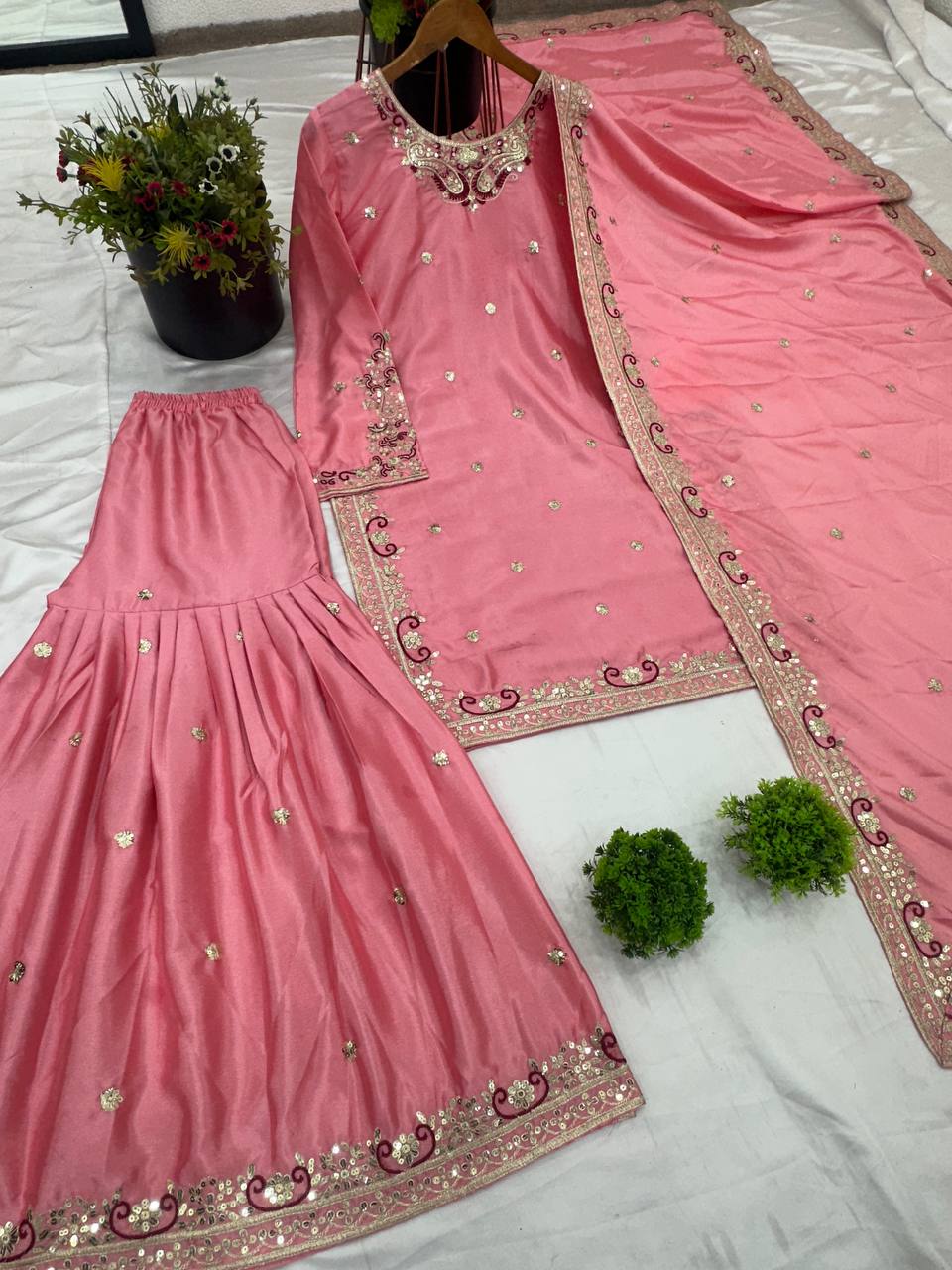 Shining  Heavy Work Pink Color Sharara Suit