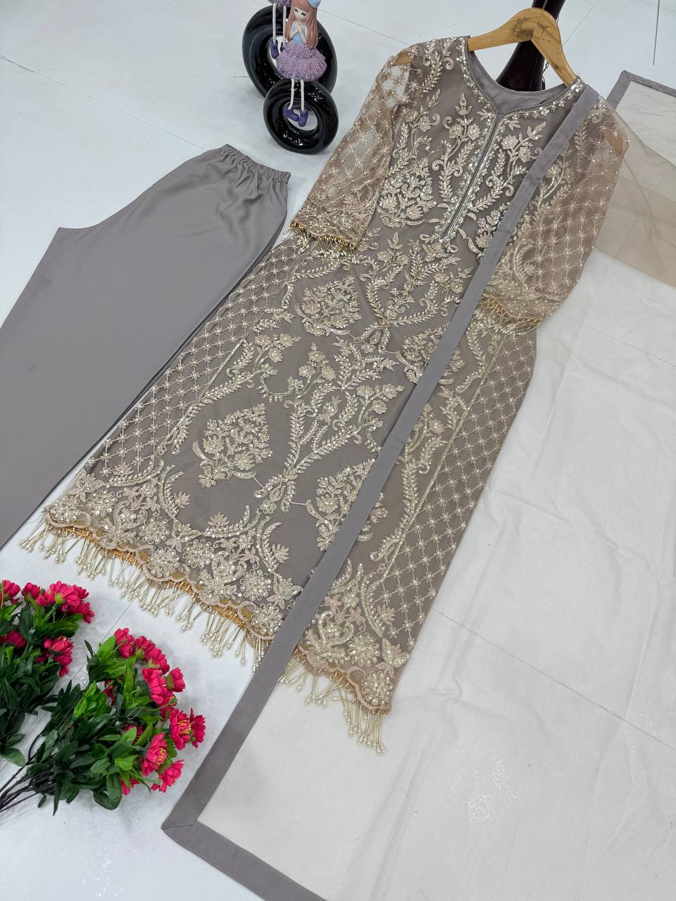 Festive Wear Soft Net Beige Color Salwar Suit