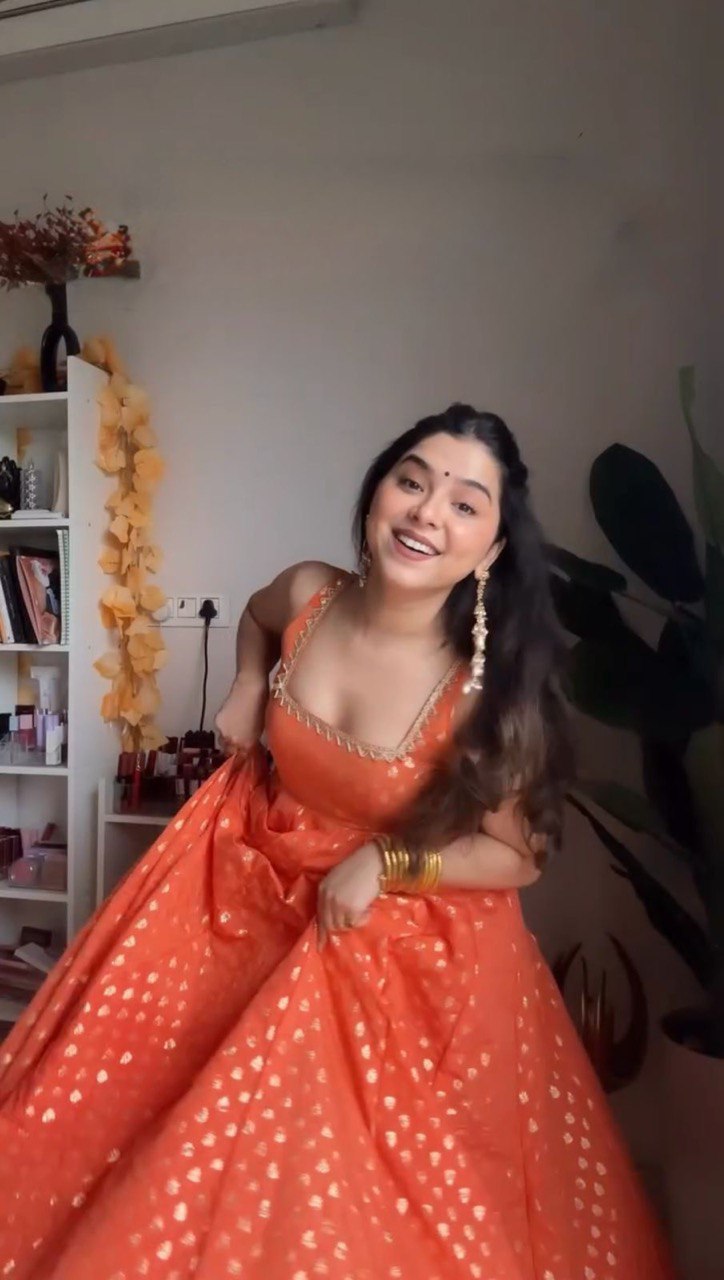 Stylish Jequard  Weaveing Orange Color Gown