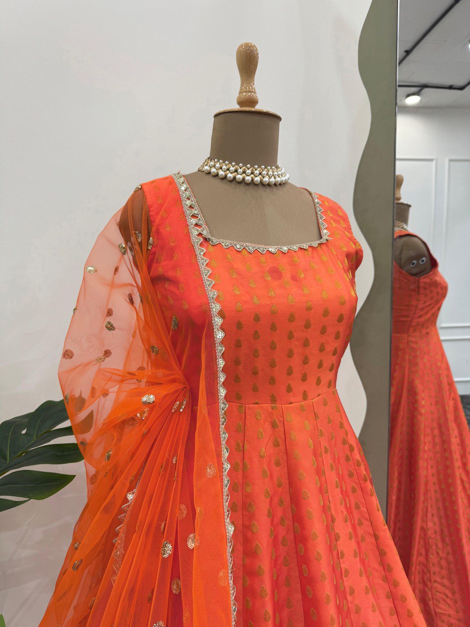 Stylish Jequard  Weaveing Orange Color Gown