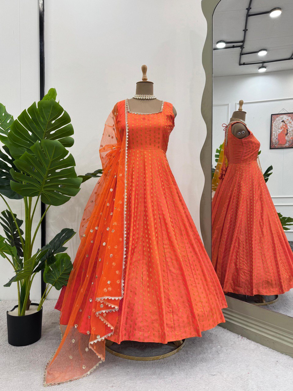 Stylish Jequard  Weaveing Orange Color Gown