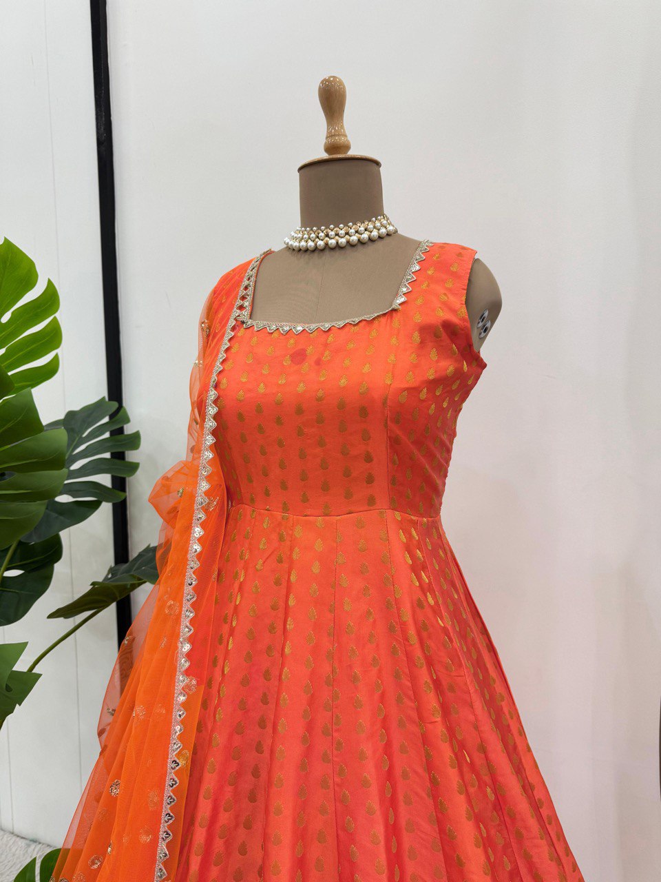 Stylish Jequard  Weaveing Orange Color Gown