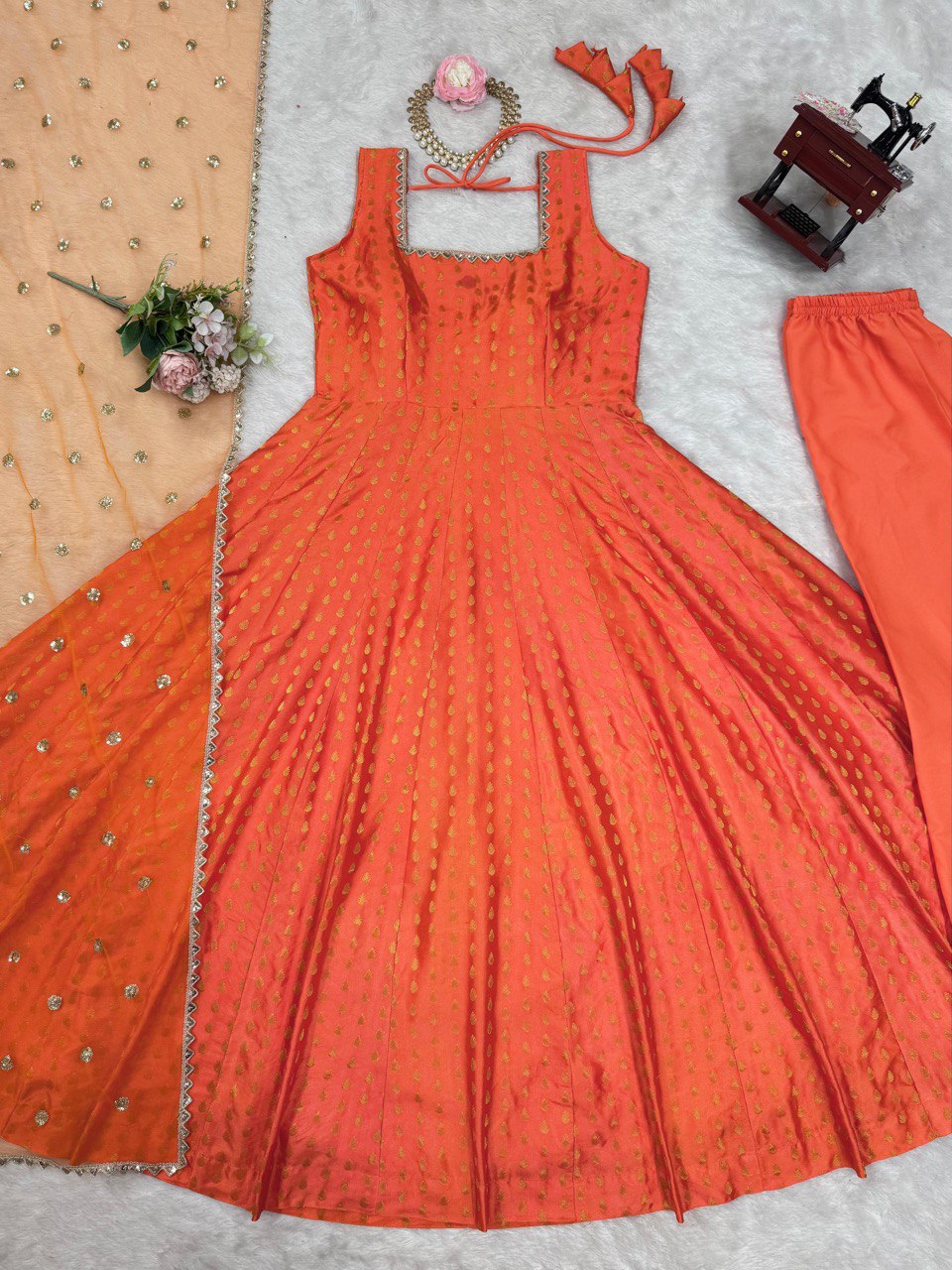 Stylish Jequard  Weaveing Orange Color Gown
