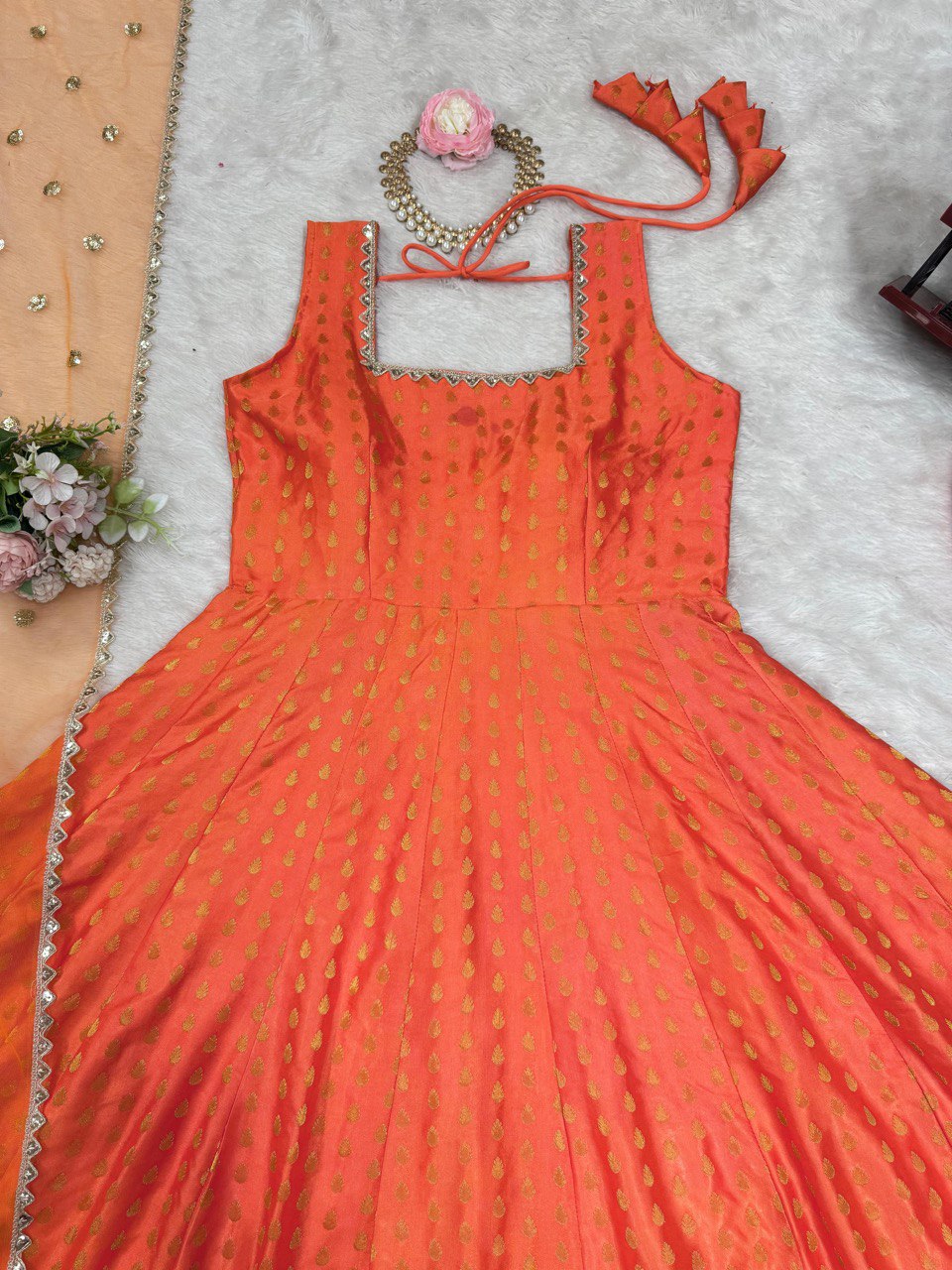 Stylish Jequard  Weaveing Orange Color Gown