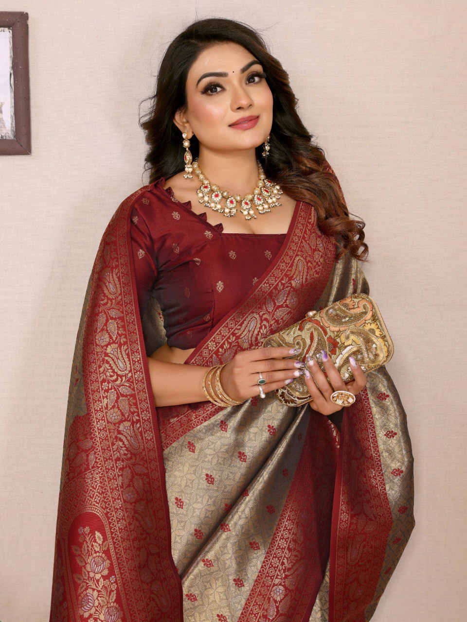 Delightful Tissue Silk Beige & Maroon Color Saree