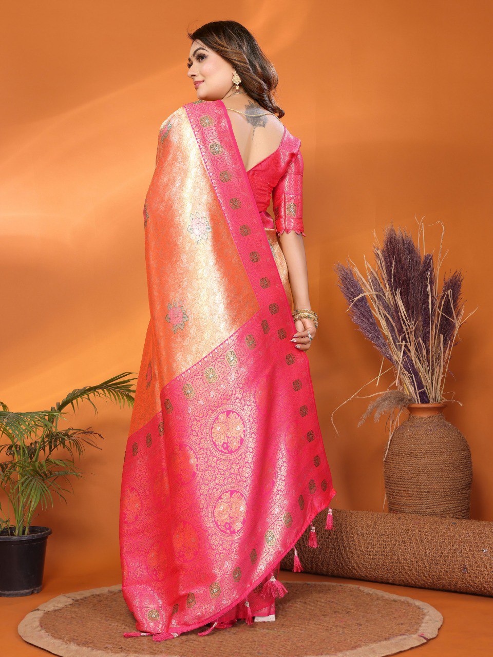 Classic Banarasi Silk Orange & Pink Color Saree