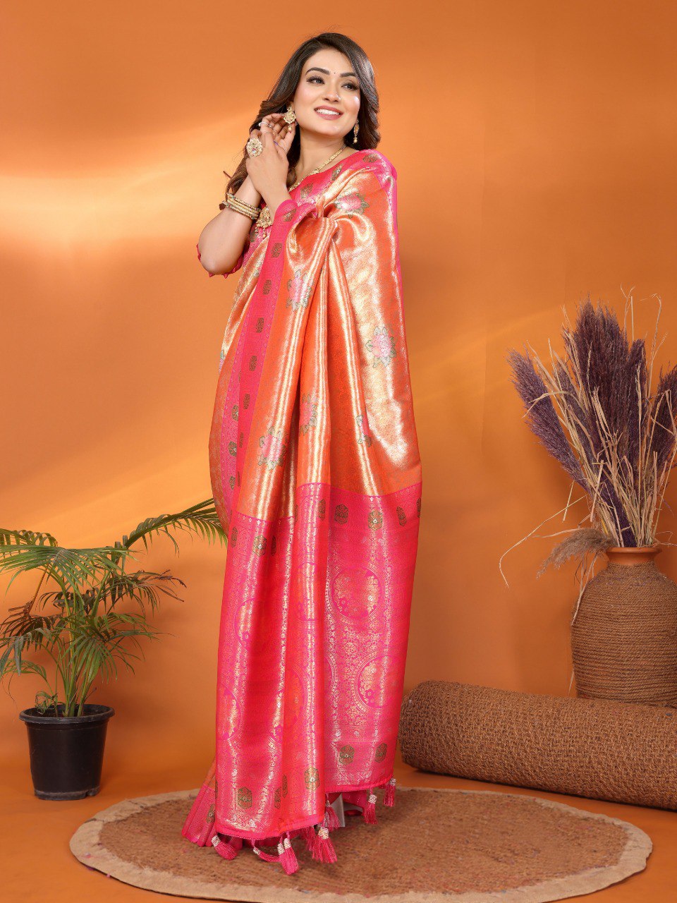 Classic Banarasi Silk Orange & Pink Color Saree