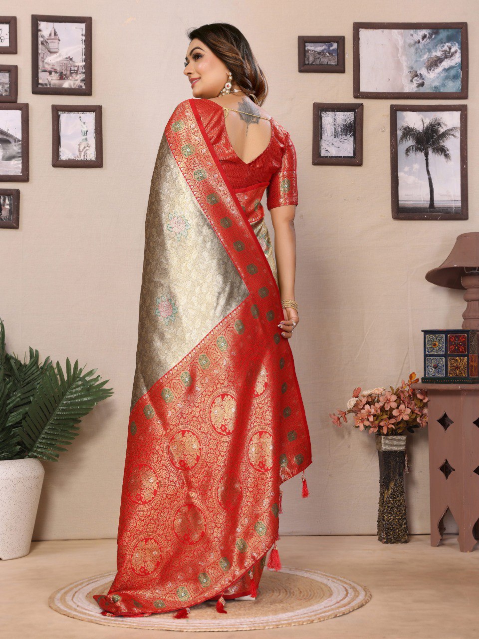 Classic Banarasi Silk Silver & Red Color Saree