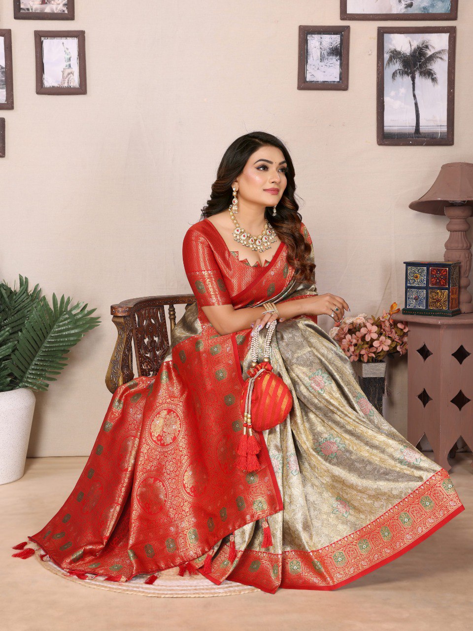 Classic Banarasi Silk Silver & Red Color Saree