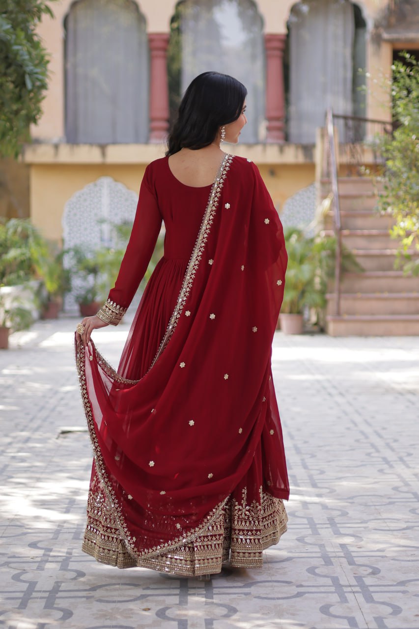 Adorable Embroidery Work Red Color Gown