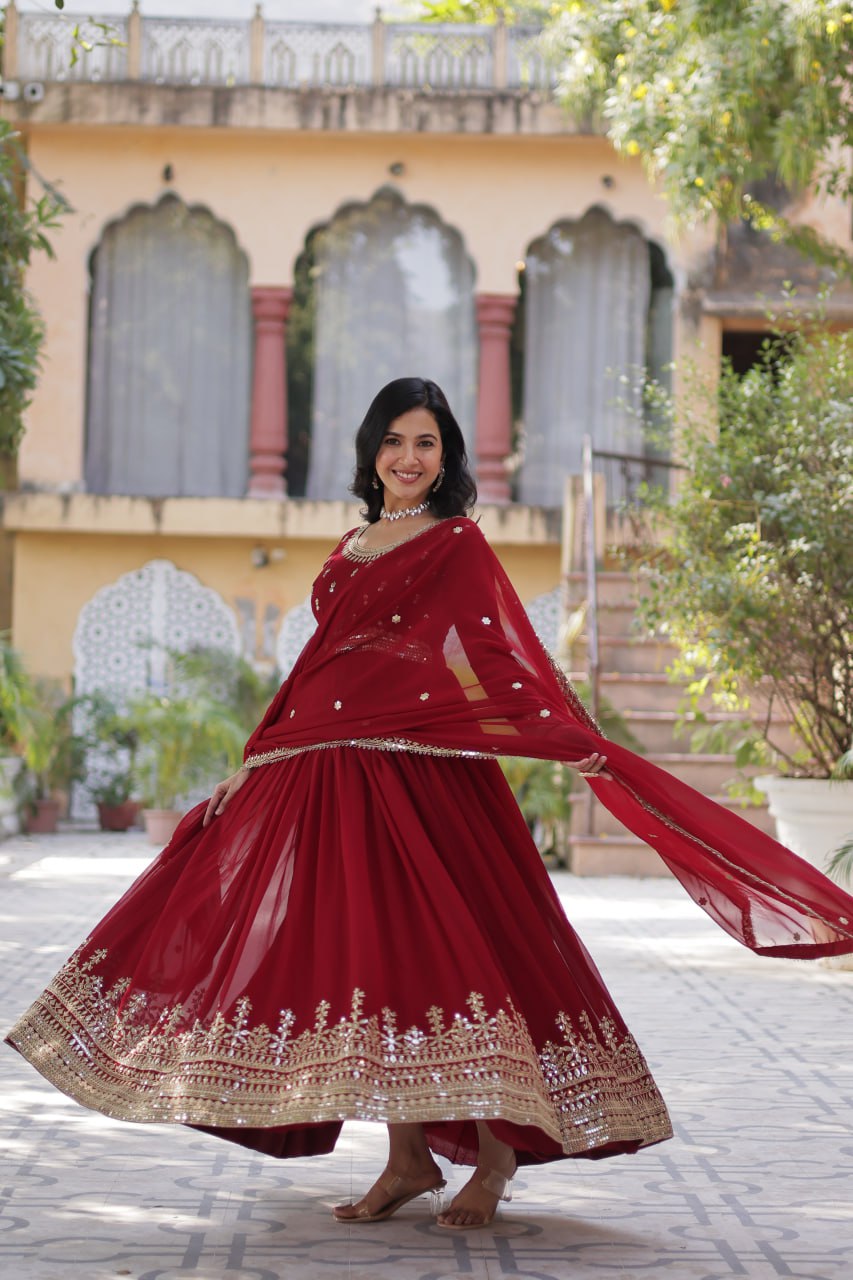 Adorable Embroidery Work Red Color Gown