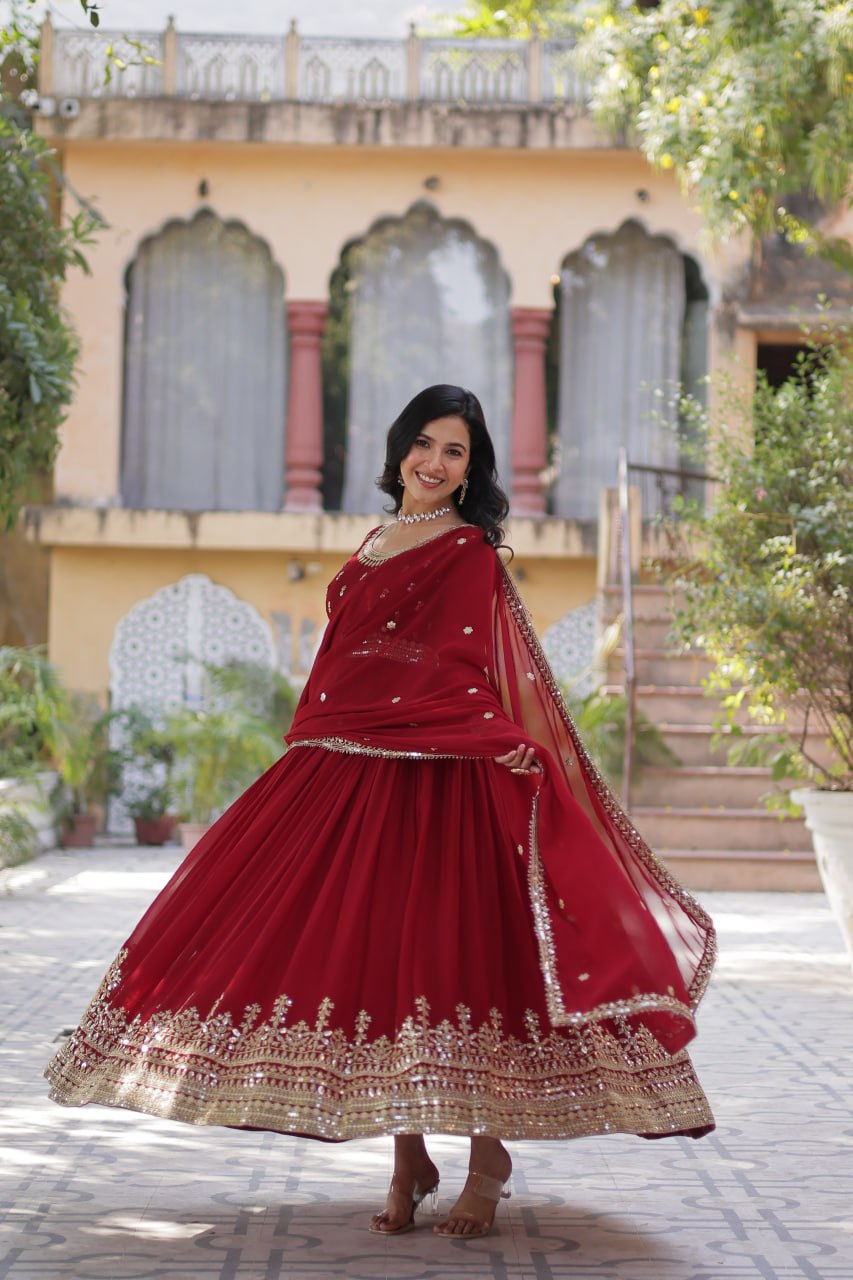 Adorable Embroidery Work Red Color Gown