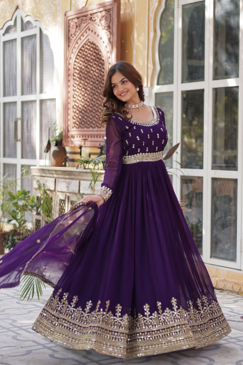 Adorable Embroidery Work Wine Color Gown