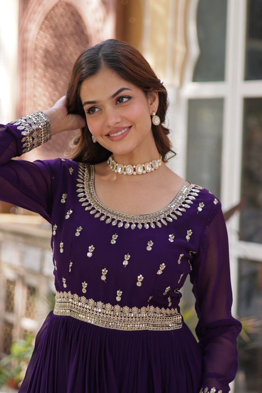 Adorable Embroidery Work Wine Color Gown