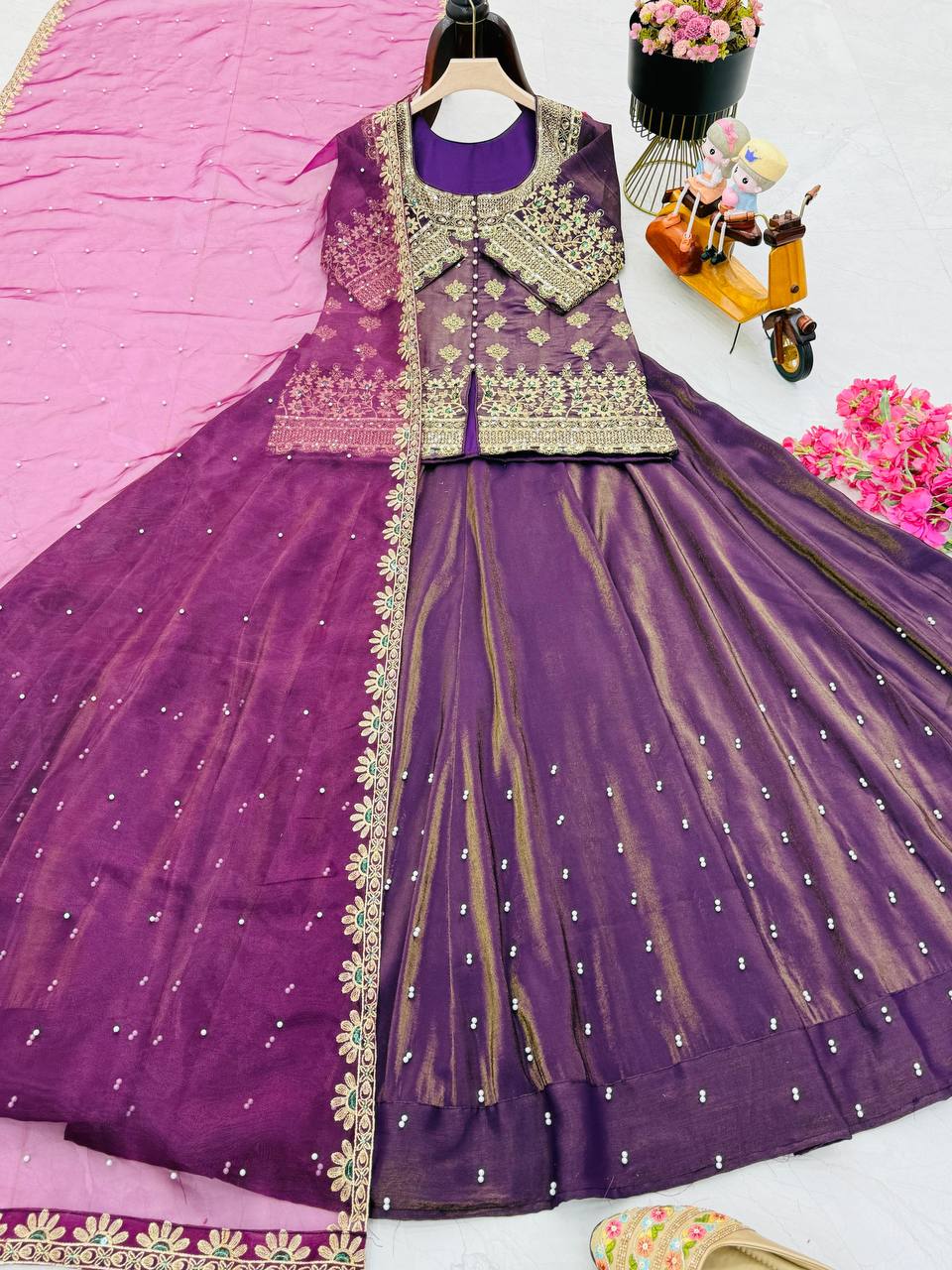 Simmer Silk Wedding Wear Purple Color Top With Lehenga