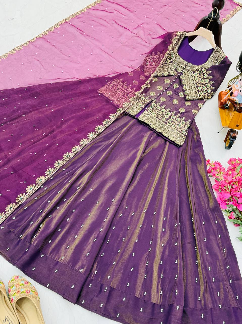 Simmer Silk Wedding Wear Purple Color Top With Lehenga