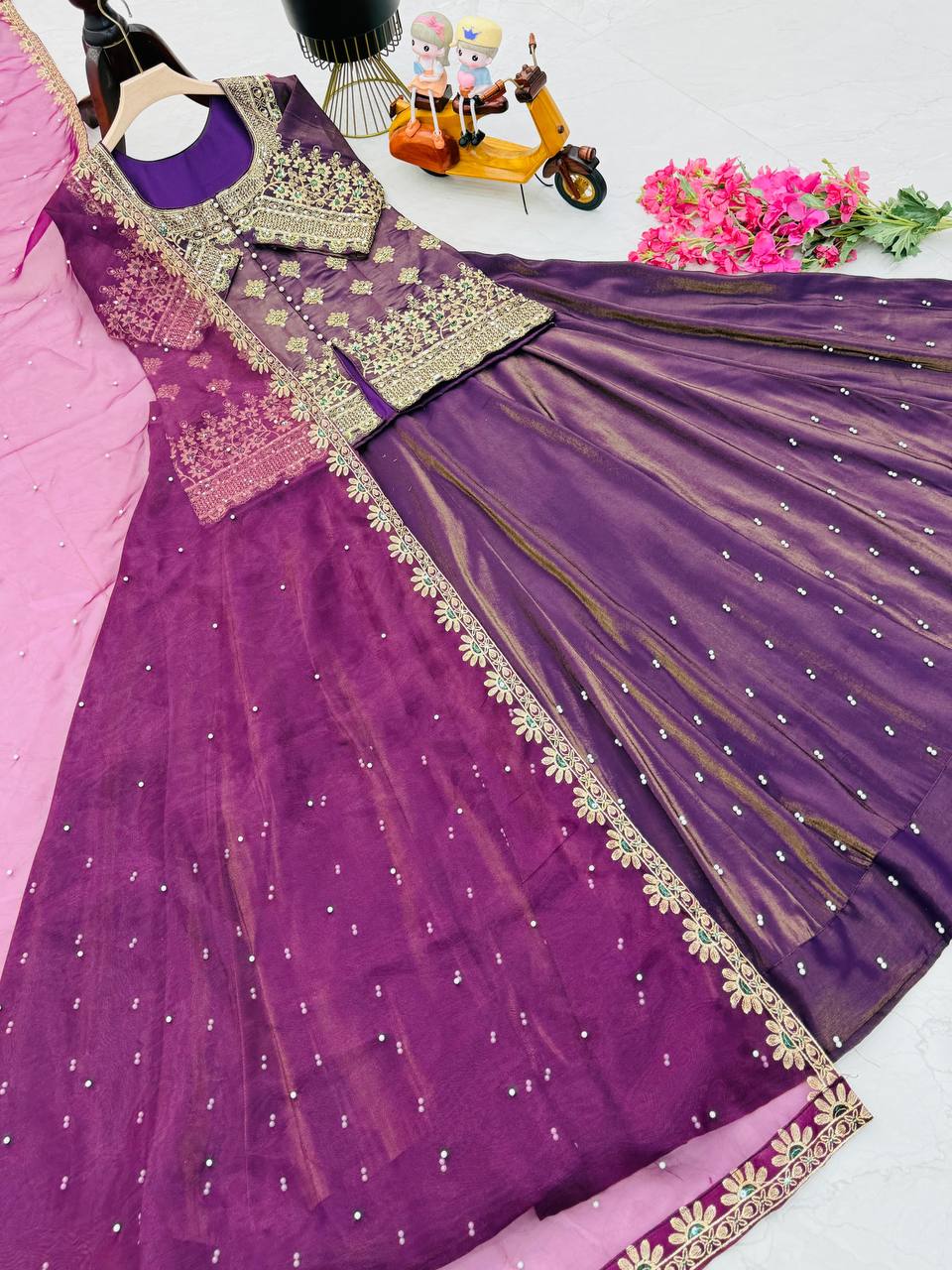 Simmer Silk Wedding Wear Purple Color Top With Lehenga