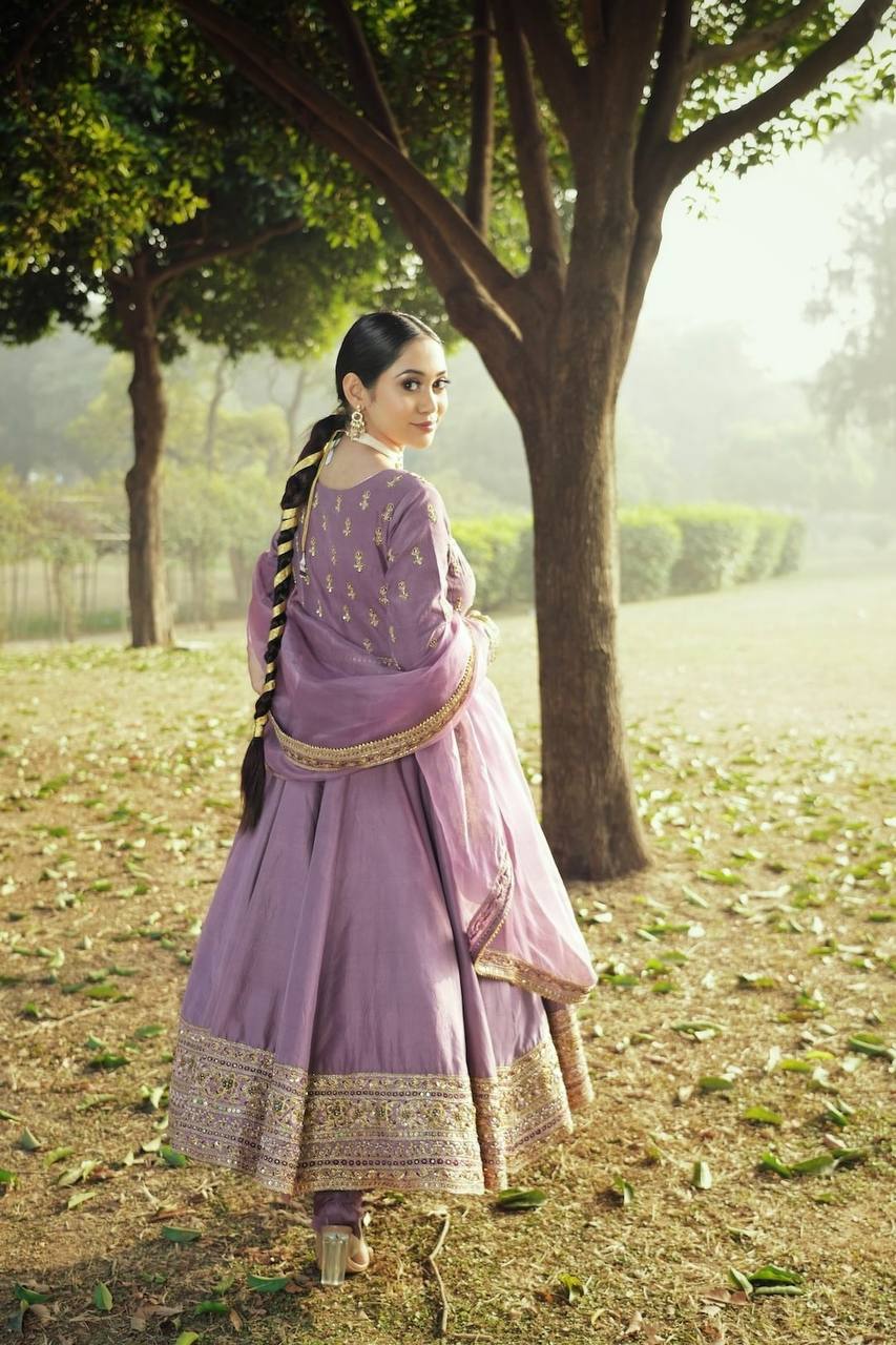 Classic Chinon Silk Lavender Color Anarkali Gown
